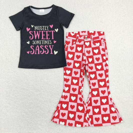 GSPO1364 Sweet Sassy Top Heart Denim Bell Bottom Jeans Girls Valentine's Clothes Set