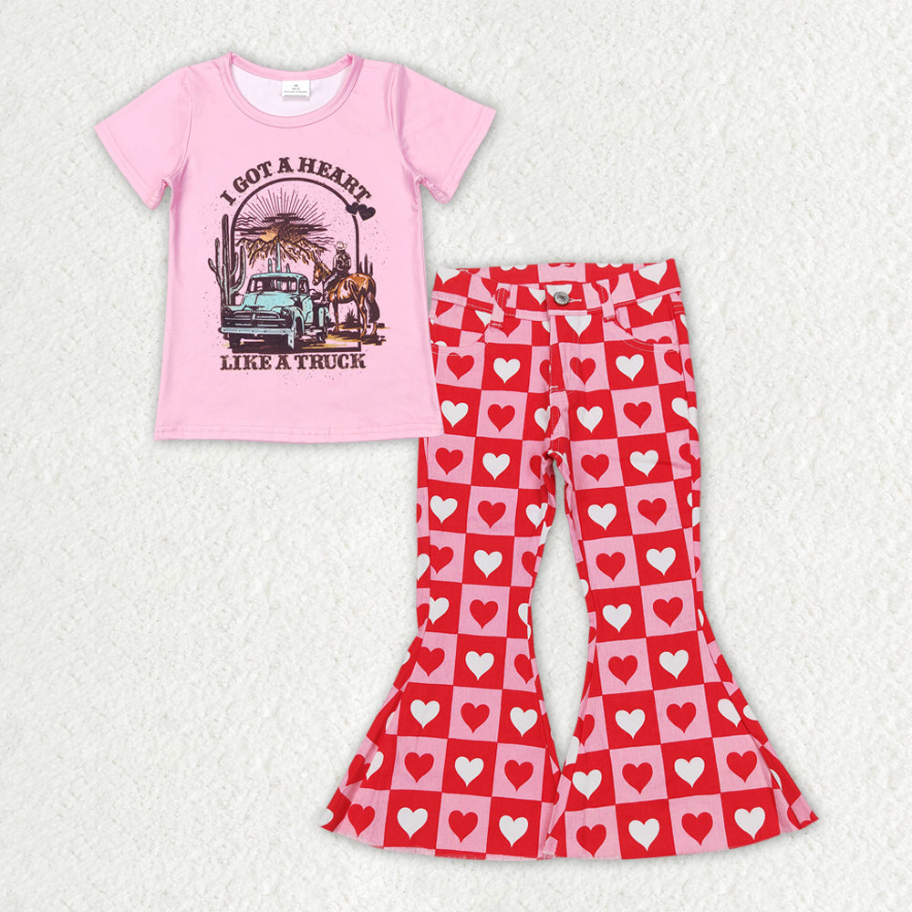 GSPO1365 Pink Got Heart Like Truck Top Heart Denim Bell Bottom Jeans Girls Valentine's Clothes Set