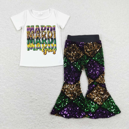 GSPO1383 Mardi Gras Top Purple Green Gold Sequin Bell Pants Girls Clothes Sets