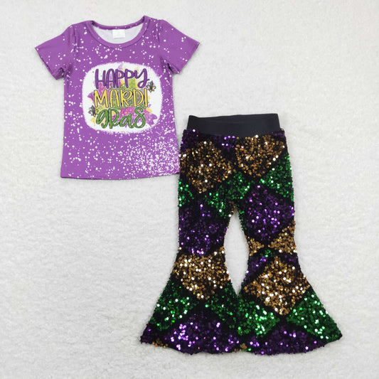 GSPO1384 Purple Happy Mardi Gras Top Purple Green Gold Sequin Bell Pants Girls Clothes Sets
