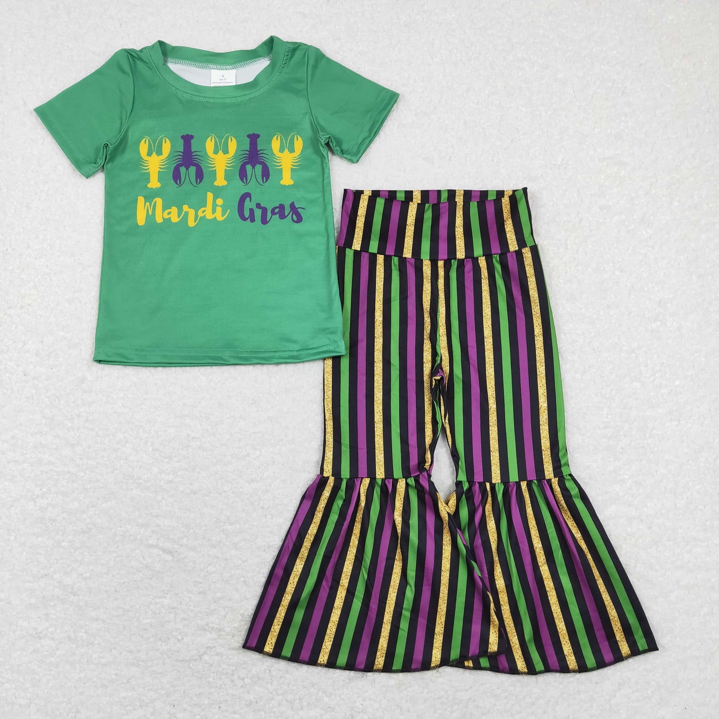 GSPO1391 Green Crayfish Top Stripes Bell Pants Girls Mardi Gras Clothes Set