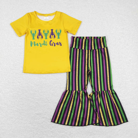 GSPO1392 Yellow Crayfish Top Stripes Bell Pants Girls Mardi Gras Clothes Set