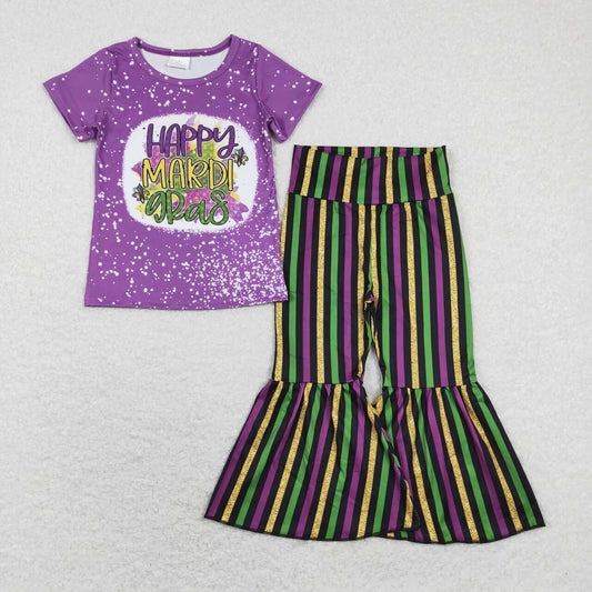 GSPO1393 Purple Happy Mardi Gras Top Stripes Bell Pants Girls Clothes Set