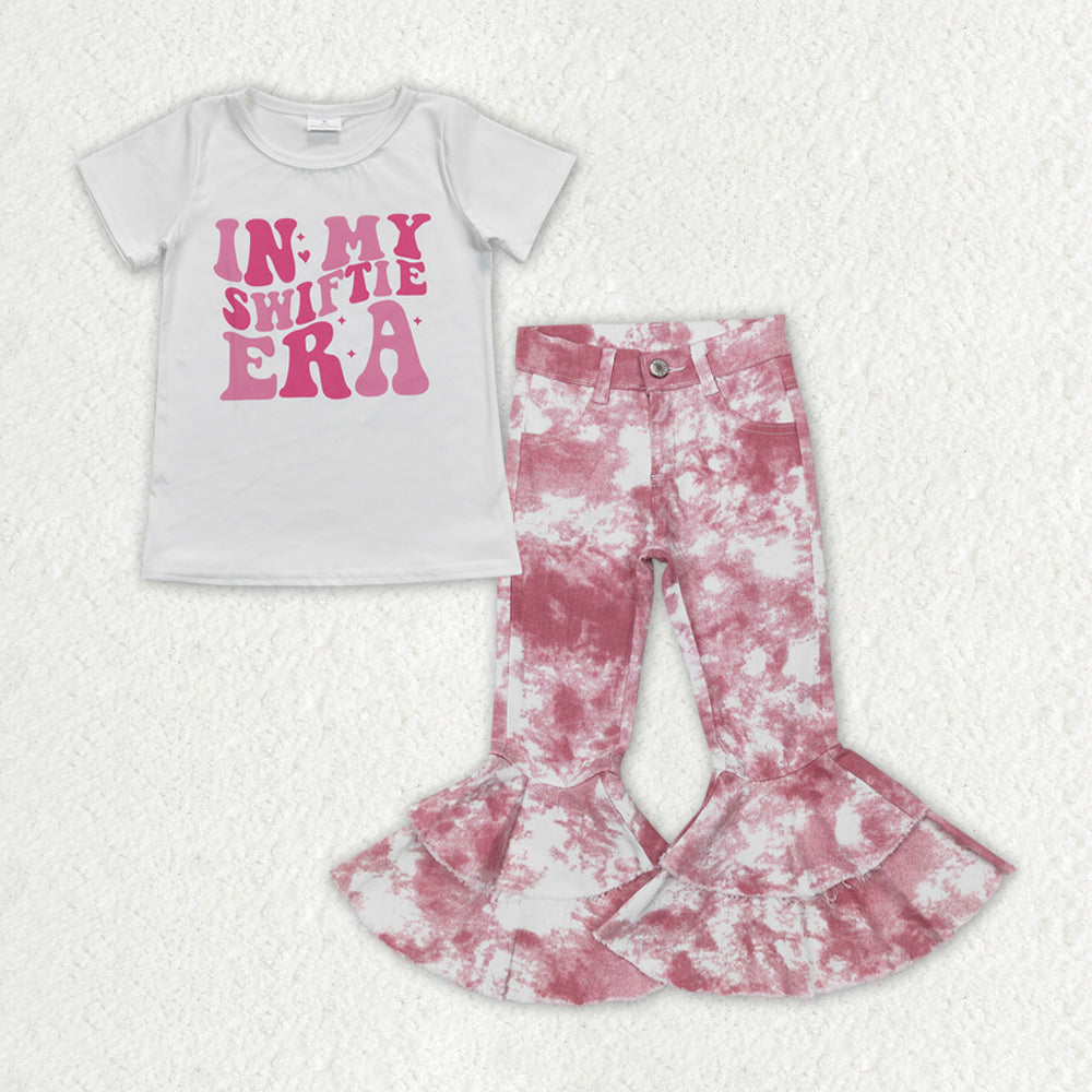 GSPO1399 In My Swiftie ERA Singer Top Pink Tie-dye Denim Bell Bottom Jeans Girls Clothes Set