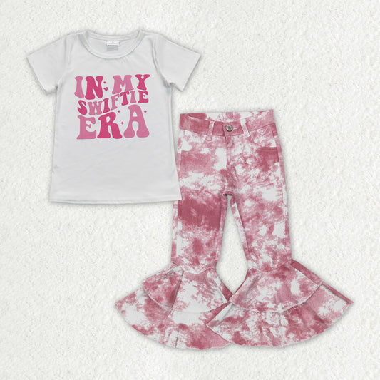 GSPO1399 In My Swiftie ERA Singer Top Pink Tie-dye Denim Bell Bottom Jeans Girls Clothes Set