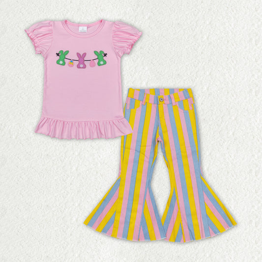 GSPO1405 Pink Bunny Egg Embroidery Top Stripes Denim Bell Jeans Girls Easter Clothes Set