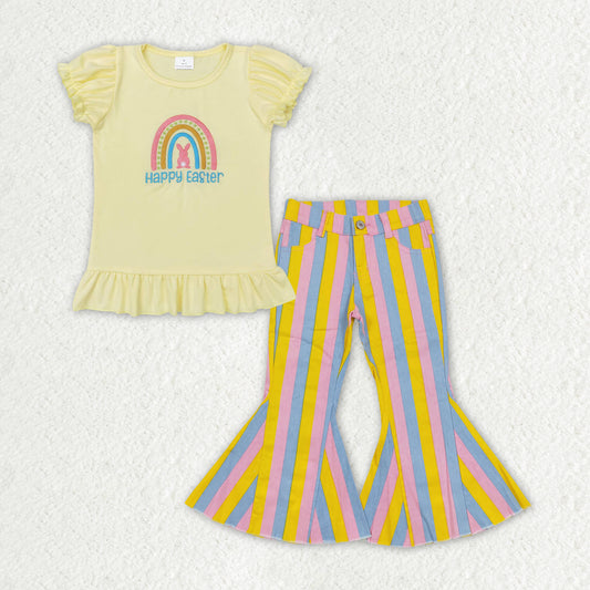 GSPO1406 Happy Easter Yellow Rainbow Bunny Embroidery Top Stripes Denim Bell Jeans Girls Easter Clothes Set
