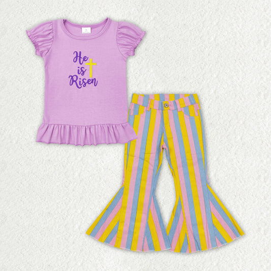 GSPO1407 He is Risen Cross Embroidery Purple Top Stripes Denim Bell Jeans Girls Easter Clothes Set