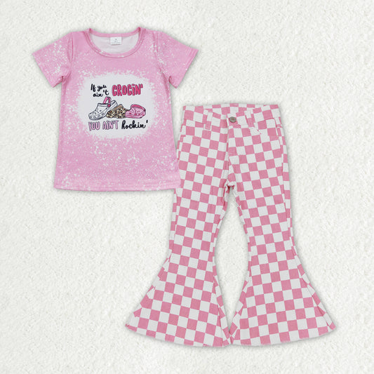 GSPO1408 Pink Slippers Top Plaid Denim Bell Jeans Girls Clothes Set