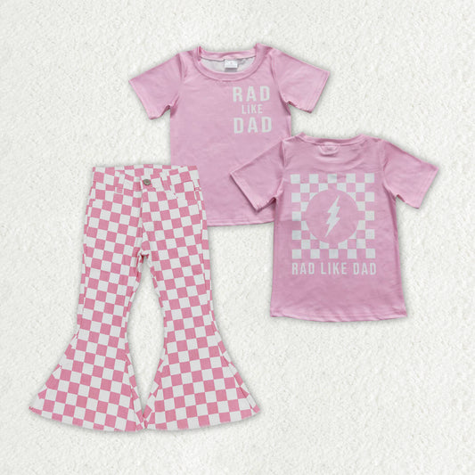 GSPO1409 RAD LIKE DAD Top Pink Plaid Denim Bell Jeans Girls Clothes Set