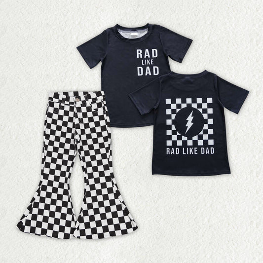 GSPO1410 RAD LIKE DAD Top Black Plaid Denim Bell Jeans Girls Clothes Set