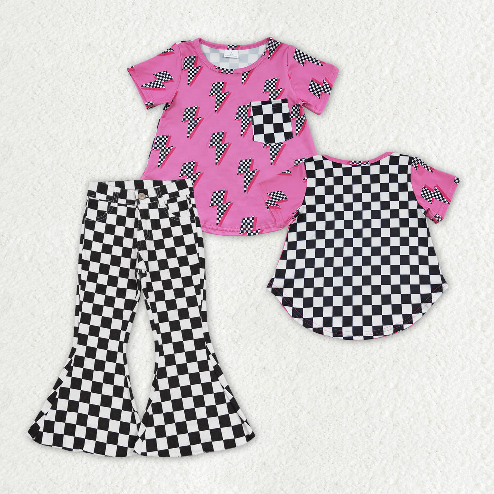 GSPO1411 Pink Flash Pocket Top Black Plaid Denim Bell Jeans Girls Clothes Set