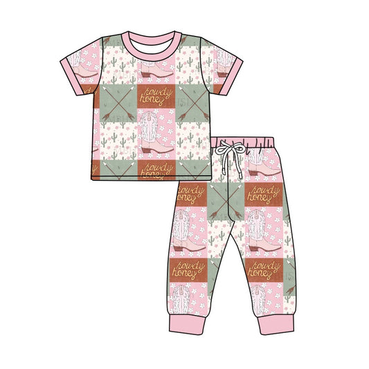 (Pre-order)GSPO1417 Howdy Boots Cactus Print Girls Pajamas Clothes Set