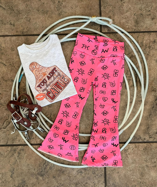 (Pre-order)GSPO1424  Cattle Tags Top Pink Words Bell Pants Girls Western Clothes Sets
