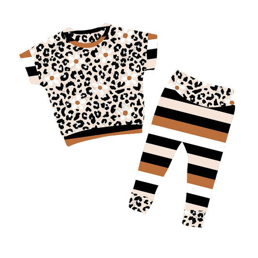 (Pre-order)GSPO1426  Flowers Leopard Stripes Print Girls Clothes Set