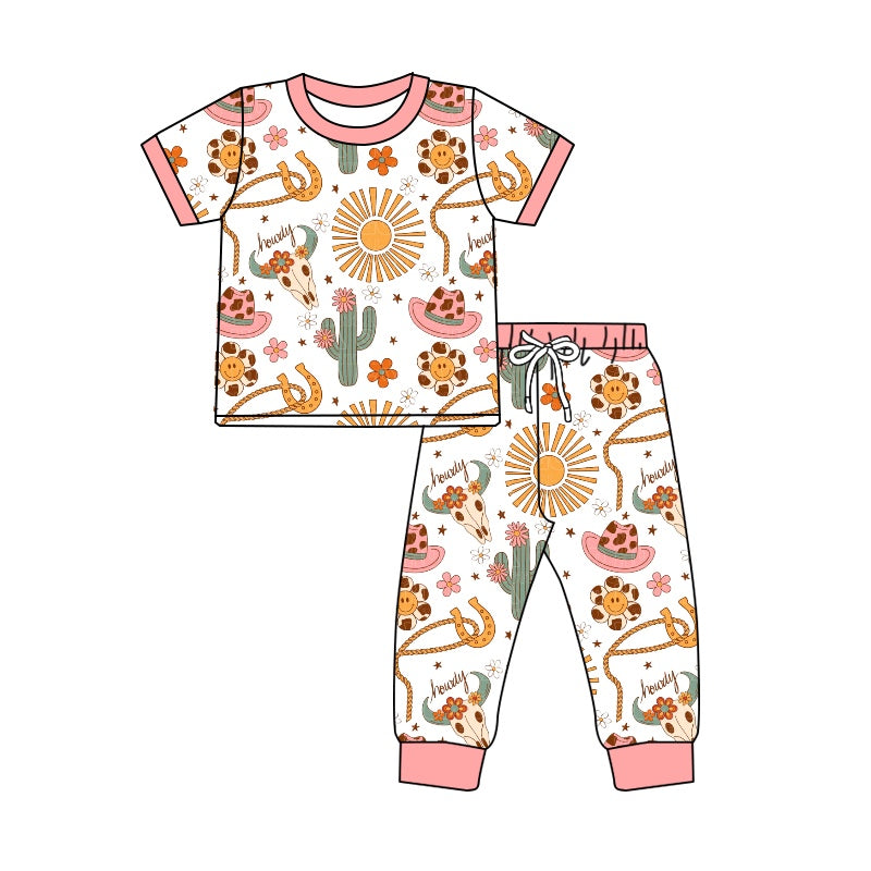 (Pre-order)GSPO1436  Howdy Cow Skull Cactus Flowers Print Girls Pajamas Clothes Set