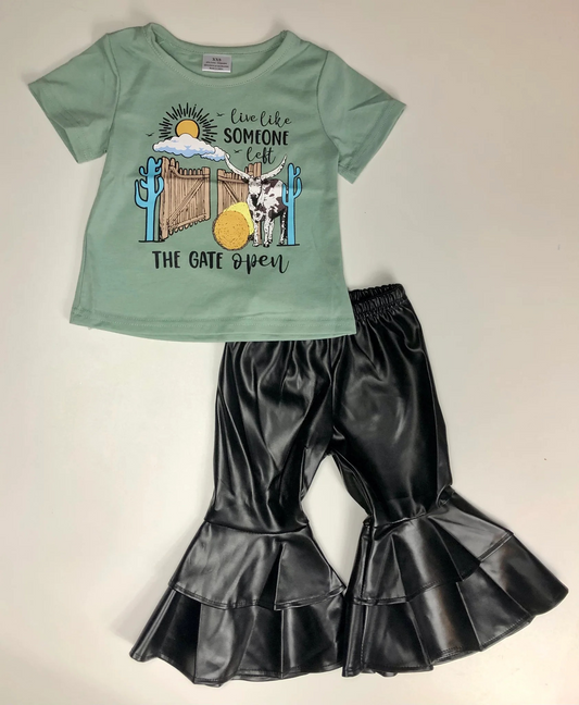 (Pre-order)GSPO1450  Cow Gate Green Top Black Leather Bell Pants Girls Clothes Set