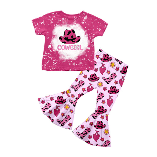 (Pre-order)GSPO1454  Cowgirl Boots Hat Print Girls Bell Pants Western Clothes Set