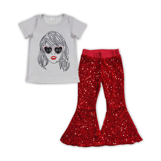 GSPO1457 Singer Top Red Sequin Bell Pants Girls Clothes Sets