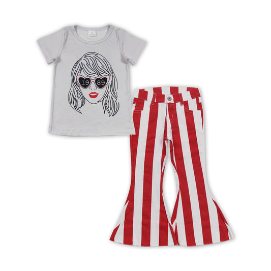 GSPO1458 Singer Top Red Stripes Denim Bell Pants Girls Clothes Sets