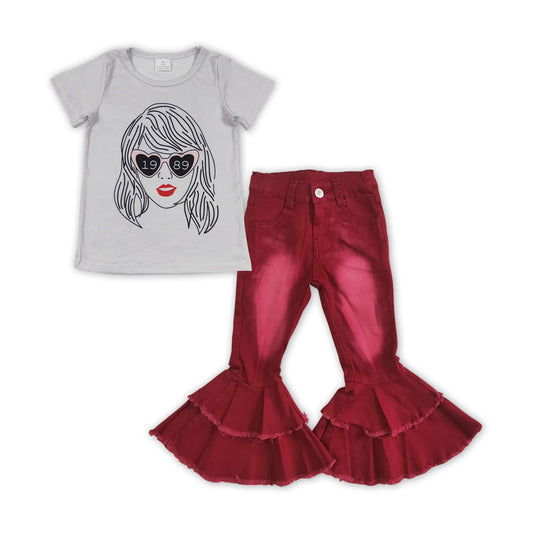 GSPO1459 Singer Top Red Denim Bell Pants Girls Clothes Sets