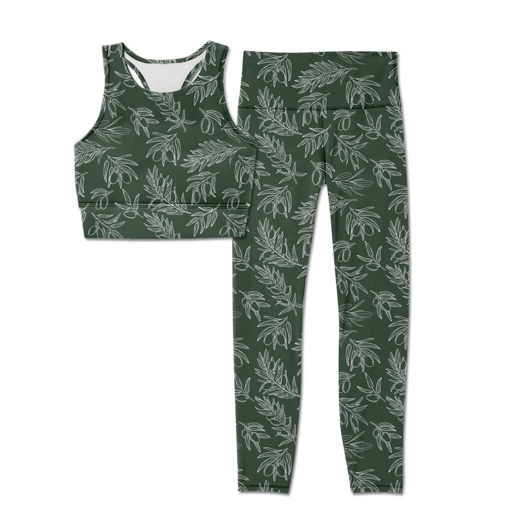 (Pre-order)GSPO1463 Adult Green Leaf Print Woman Yoga Clothes Set