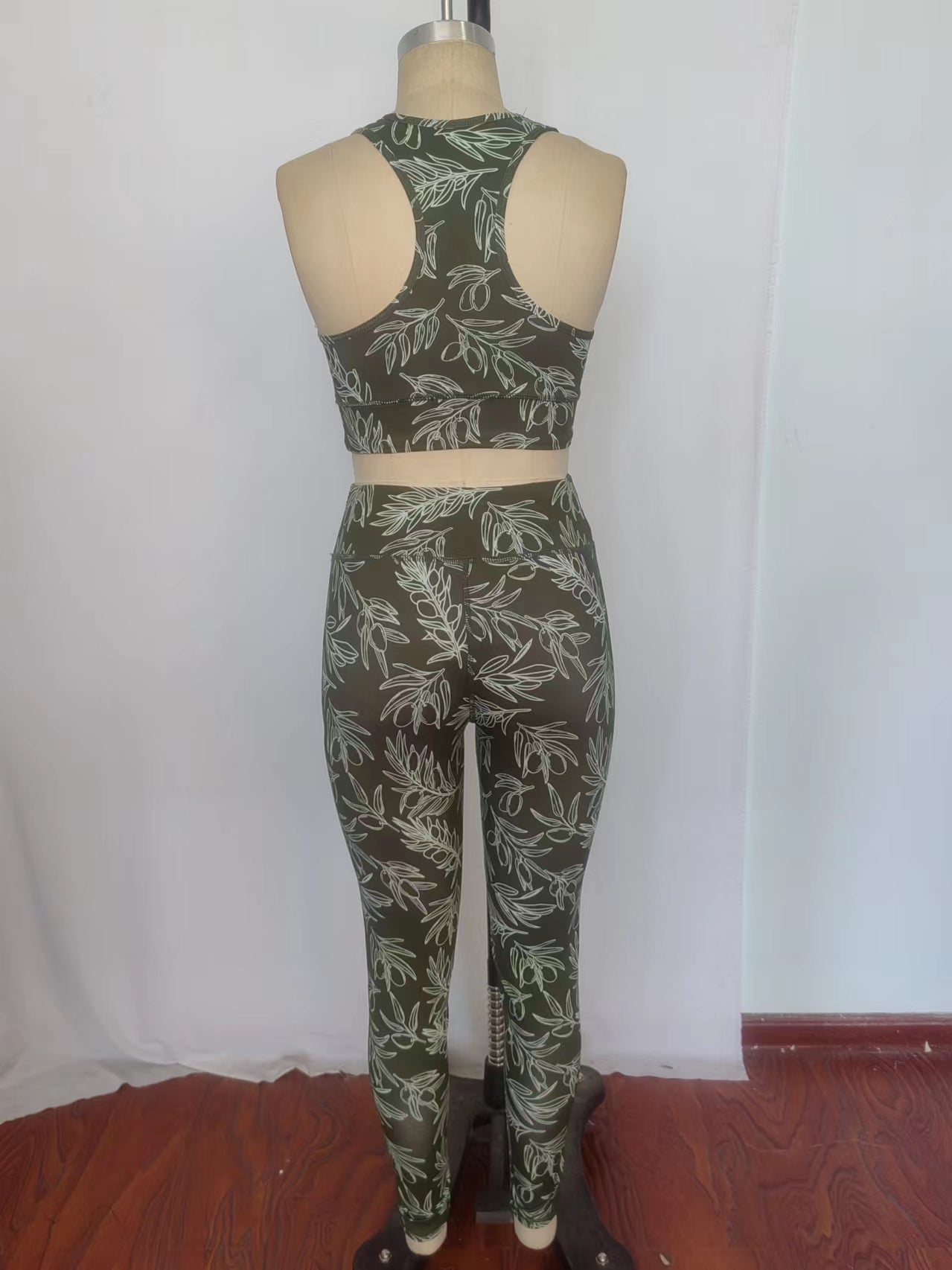 (Pre-order)GSPO1463 Adult Green Leaf Print Woman Yoga Clothes Set