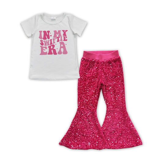 GSPO1468 In My Swiftie ERA Singer Top Hot Pink Sequin Bell Pants Girls Clothes Sets