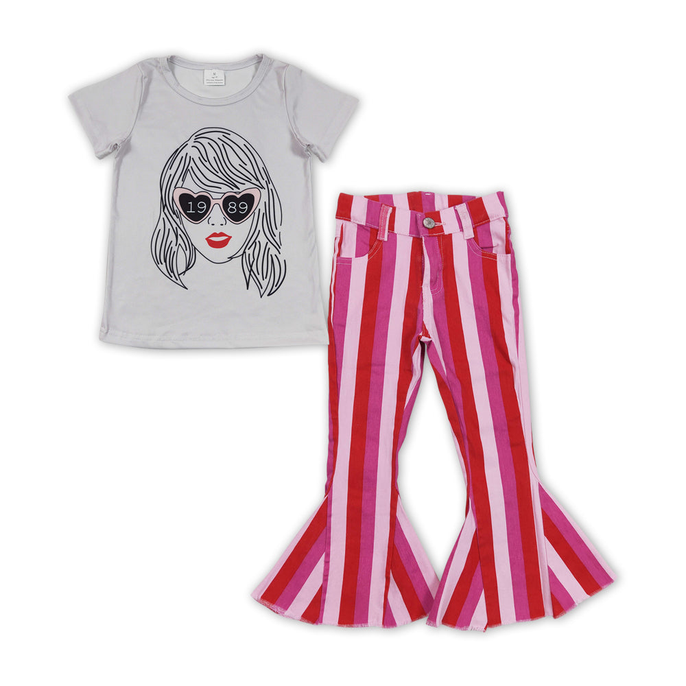 GSPO1470 Singer Swiftie Top Pink Stripes Denim Bell Pants Girls Clothes Sets