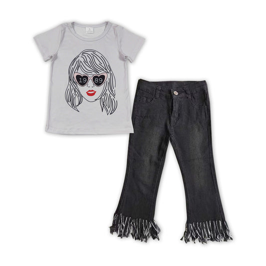 GSPO1471 Singer Swiftie Top Black Denim Tassel Pants Girls Clothes Sets