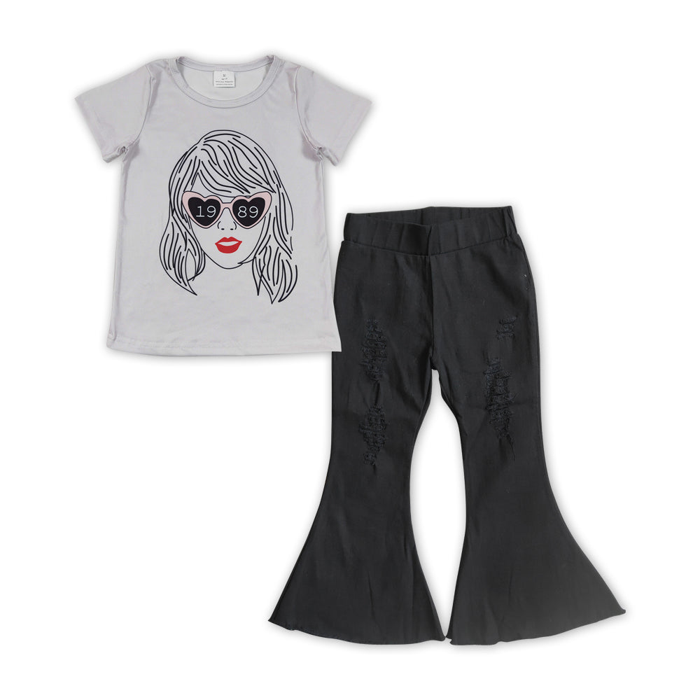 GSPO1472 Singer Swiftie Top Black Denim Bell Pants Girls Clothes Sets