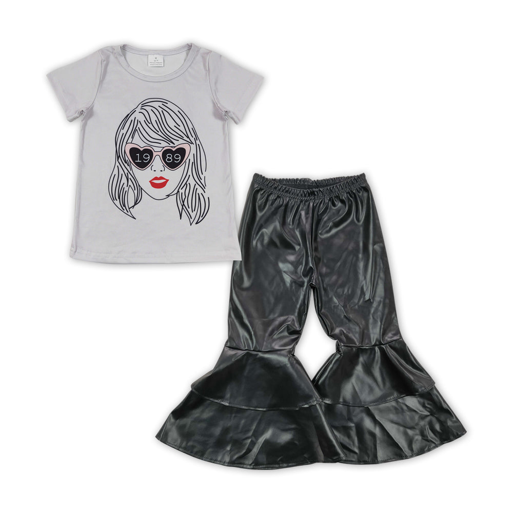 GSPO1474 Singer Swiftie Top Black Leather Bell Pants Girls Clothes Set