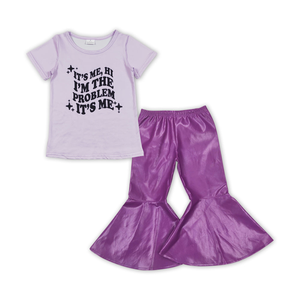 GSPO1475 It's Me Singer Swiftie Top Purple Leather Bell Pants Girls Clothes Set