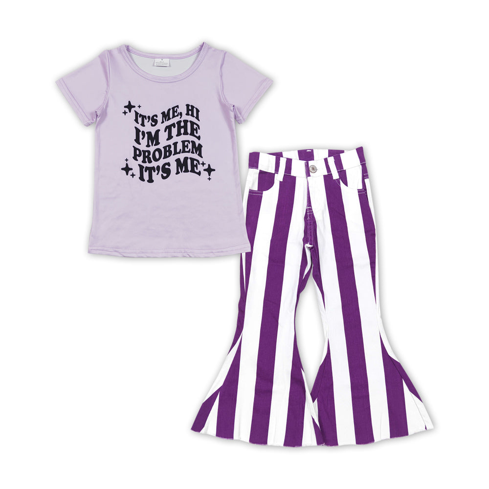 GSPO1476 It's Me Singer Swiftie Top Purple Stripes Denim Bell Pants Girls Clothes Sets