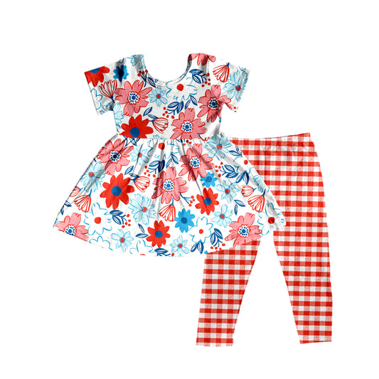 (Pre-order)GSPO1484  Flowers Tunic Top Red Plaid Legging Pants Girls 4th of July Clothes Set