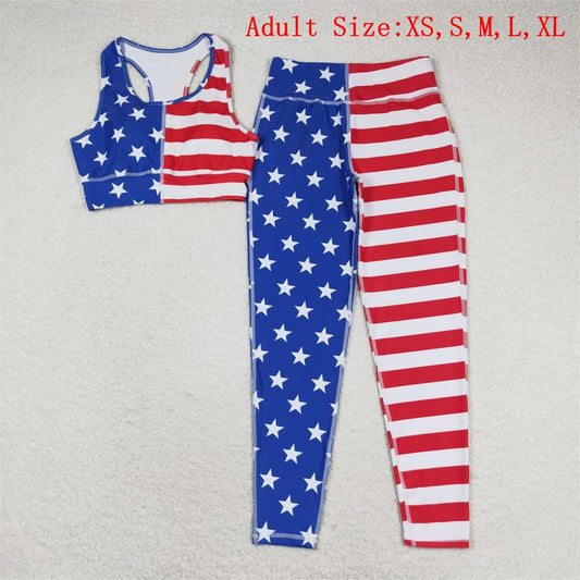 GSPO1486 Adult Red Stripes Stars Print Woman 4th of July Yoga Clothes Set