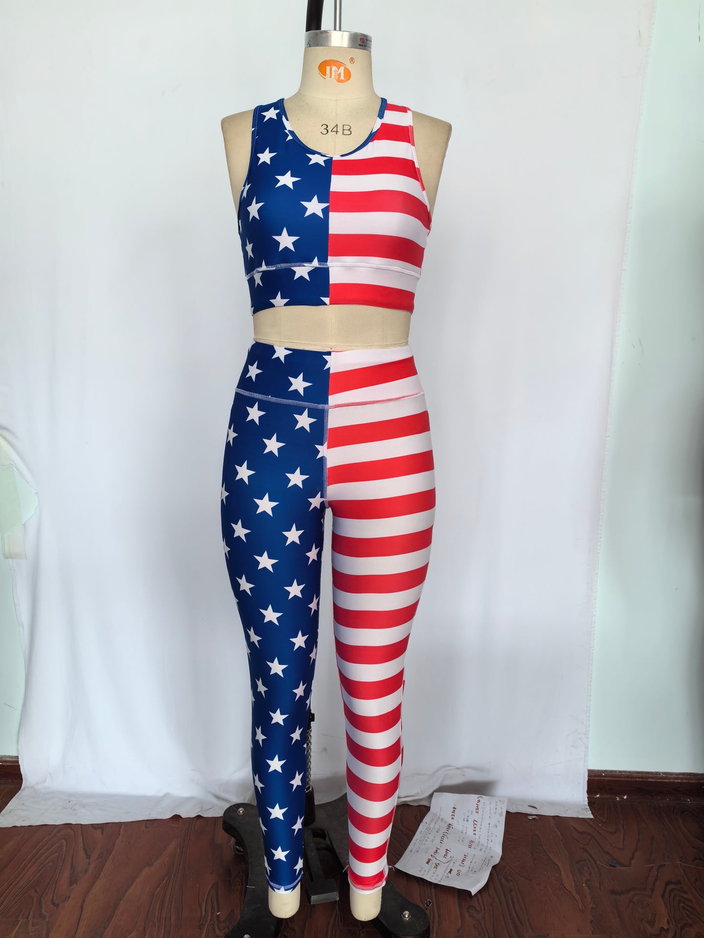 GSPO1486 Adult Red Stripes Stars Print Woman 4th of July Yoga Clothes Set