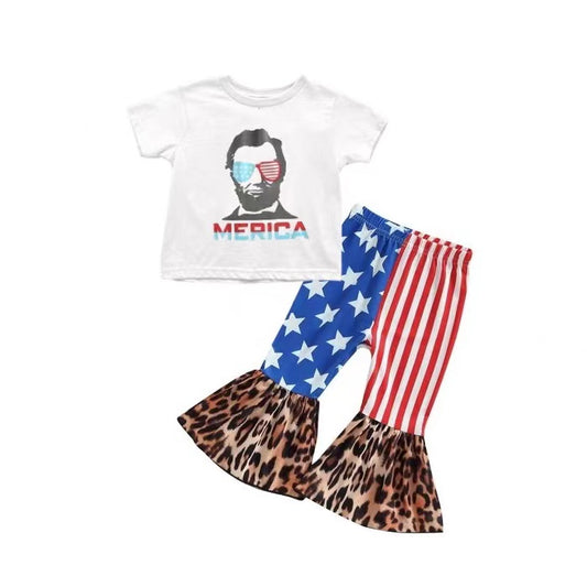 (Pre-order)GSPO1490  Merica Top Stars Stripes Leopard Bell Pants Girls 4th of July Clothes Set