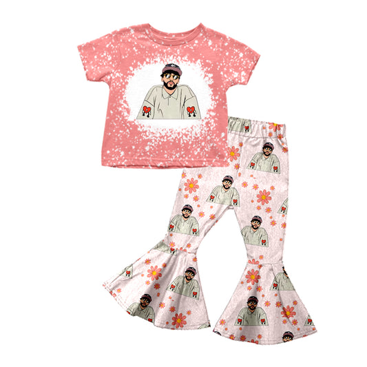 (Pre-order)GSPO1491  Pink Singer Flowers Print Girls Bell Pants Clothes Set