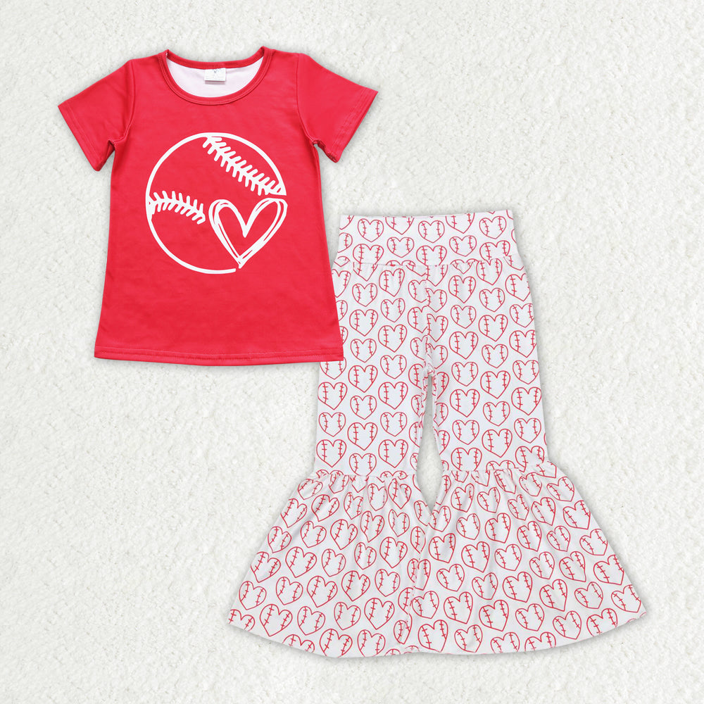 GSPO1497 Baseball Print Red Top Bell Pants Girls Clothes Set