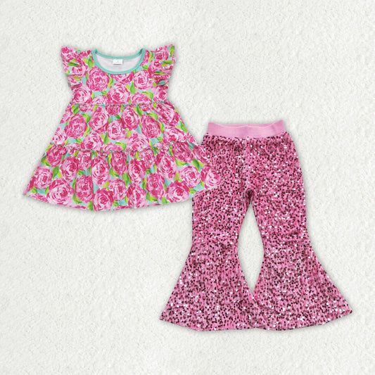 GSPO1500 Pink Flowers Top Sequin Bell Pants Girls Clothes Sets