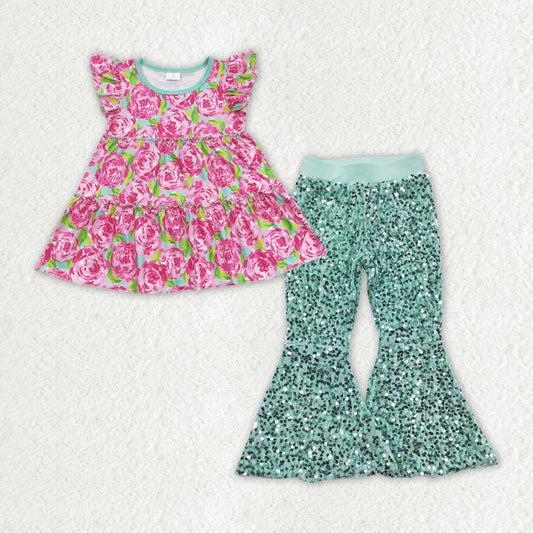 GSPO1501 Pink Flowers Top Green Sequin Bell Pants Girls Clothes Sets
