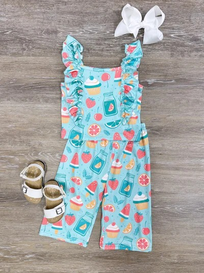 (Pre-order)GSPO1506  Fruits Cake Drinks Popsicle Print Girls Clothes Set