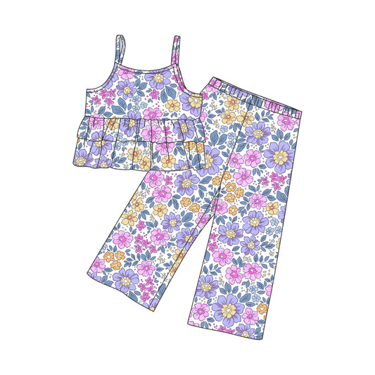 (Pre-order)GSPO1510 Purple Flowers Print Girls Clothes Set