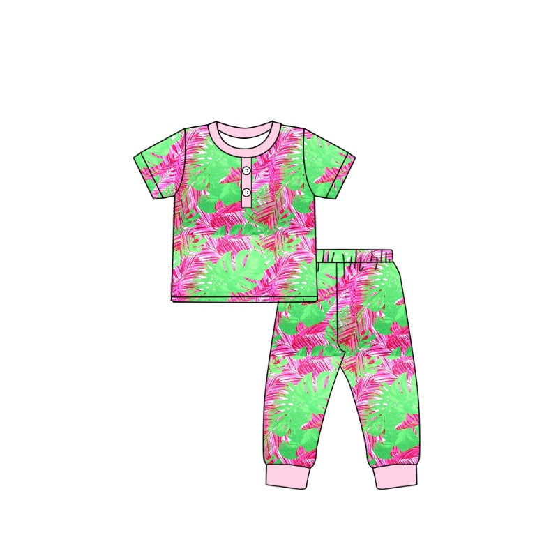 (Pre-order)GSPO1513 Green Hot Pink Leaf Print Girls Pajamas Clothes Set