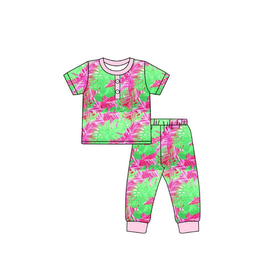 (Pre-order)GSPO1513 Green Hot Pink Leaf Print Girls Pajamas Clothes Set