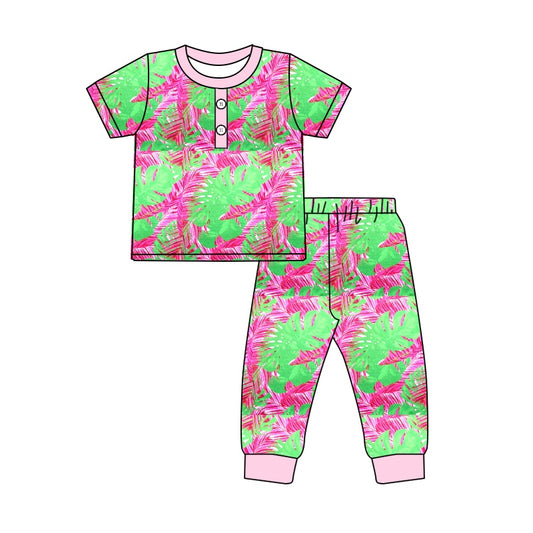 (Pre-order) GSPO1514 Adult Green Hot Pink Leaf Print Pajamas Woman Clothes Set