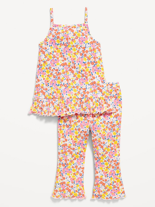 (Pre-order)GSPO1515  Orange Pink Yellow Flowers Print Girls Clothes Set