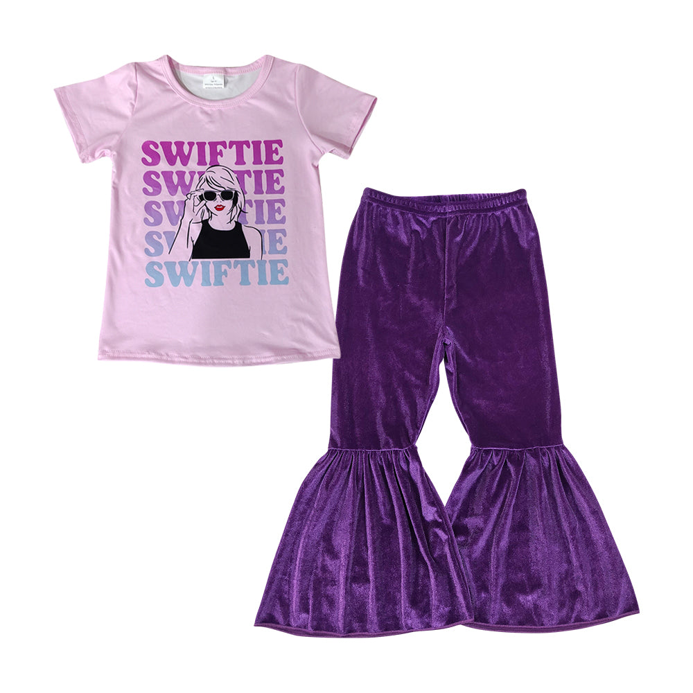 GSPO1518 Pink Singer Swiftie Top Purple Bell Pants Girls Clothes Set