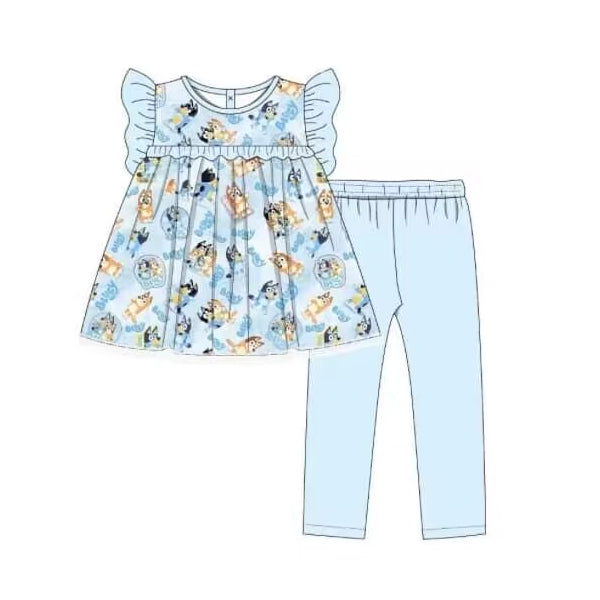 (Pre-order)GSPO1520 Cartoon Dog Tunic Top Blue Legging Pants Girls Clothes Set